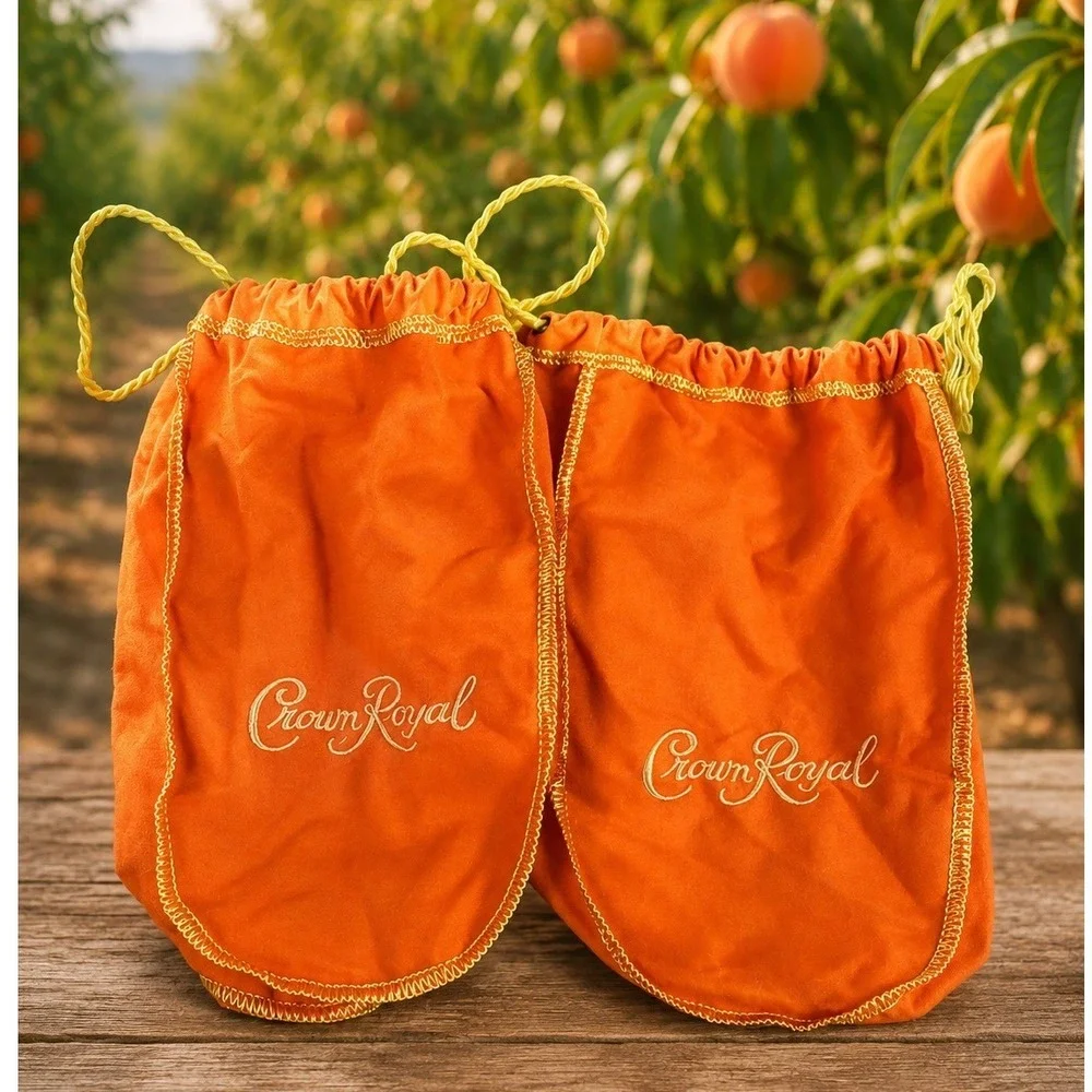 Crown Royal Peach Drawstring Bag 2 Pack Orange Gold Embroidery Small Pouch Gift